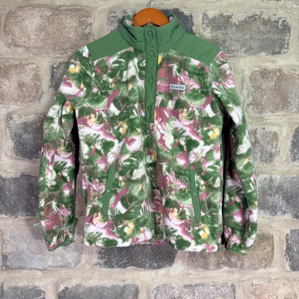 Columbia Womens Tropical Leaf Fleece Snap Pullover Green Pink XL5190 Size M